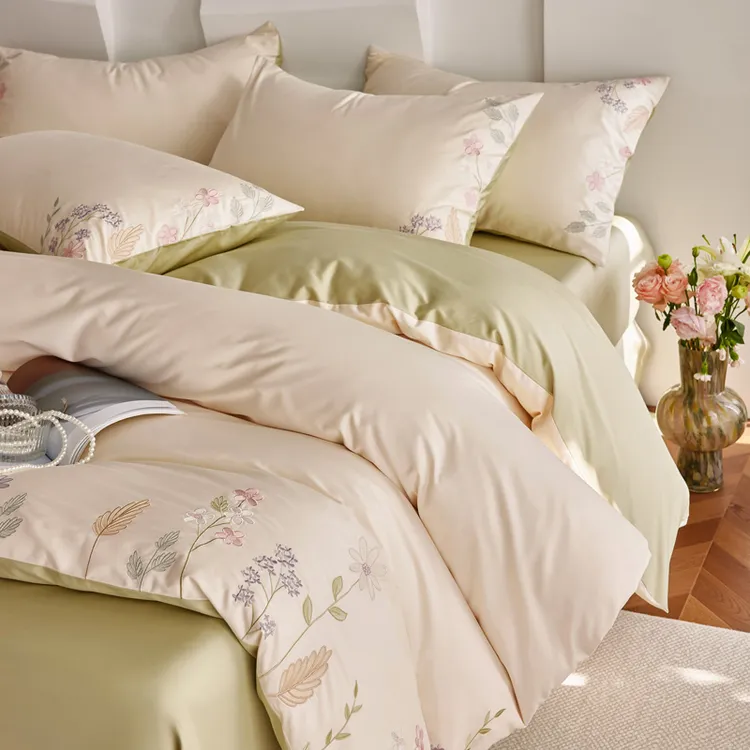 小清新100支长绒棉四件套刺绣贡缎被套纯棉床单床笠款全棉套件