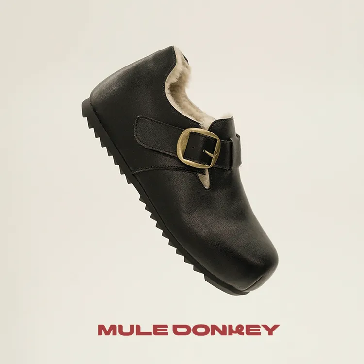 多嘴驴Donkey勃肯拖系列【小煤炭】黑色冬季毛毛刺绣浅口包头拖增高