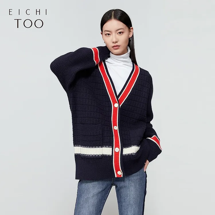 T爱居兔撞色领口韩版宽松针织毛衣外套EWZSJ1M022A