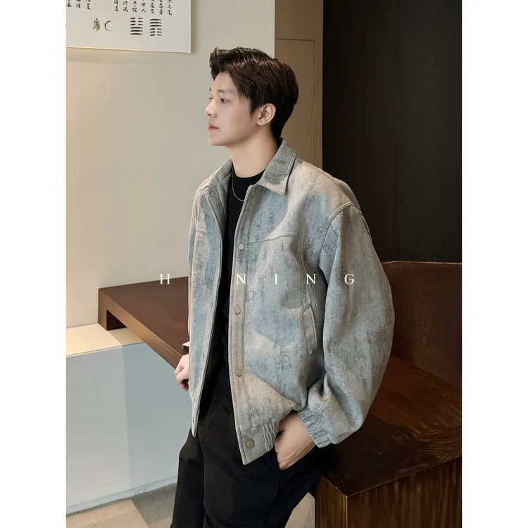 『气质慵懒显贵』复古扎染脏脏风夹克男冬季设计感宽松翻领休闲外套