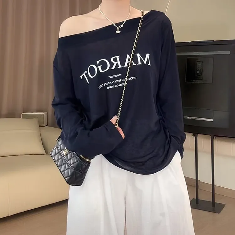 长袖T恤女2025夏季新款欧韩货一字领百搭显瘦网红薄款字母防晒衫