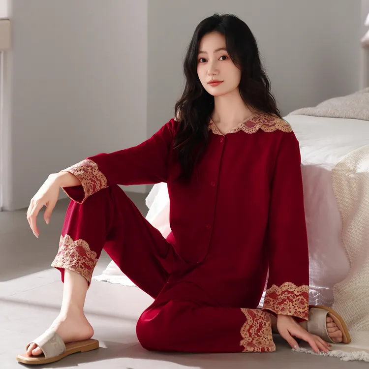 睡衣女款爆款2025新款长袖纯棉套装春秋季酒红色新娘本命年家居服