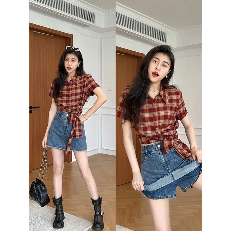 张阿星【复古港风】港风活力复古红格衬衫+牛仔半裙裤   W425A08830