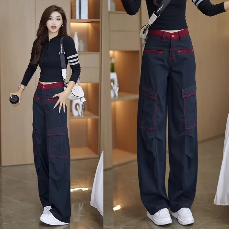 撞色潮流工装风牛仔拖地阔腿裤2025年秋季新款高腰显瘦宽松直筒裤