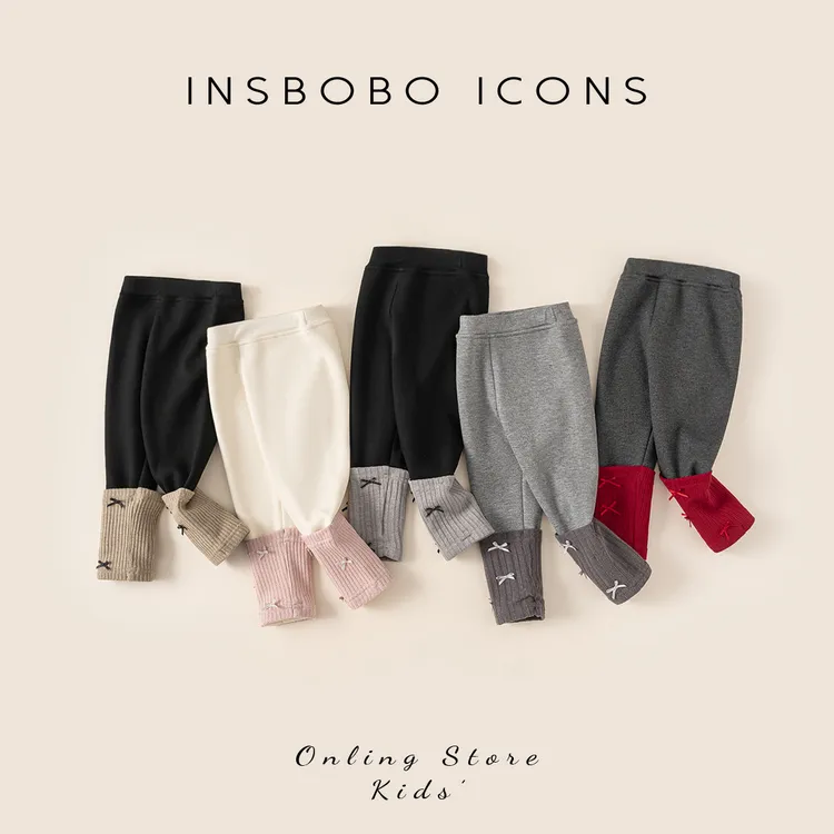 INSbobo女童外穿裤子冬季新品拼接蝴蝶结装饰简约打底裤潮DK25039