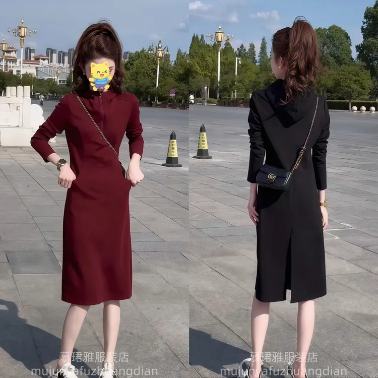 今年流行连帽半拉链长袖连衣裙女秋季2025新款气质显瘦中长款裙子