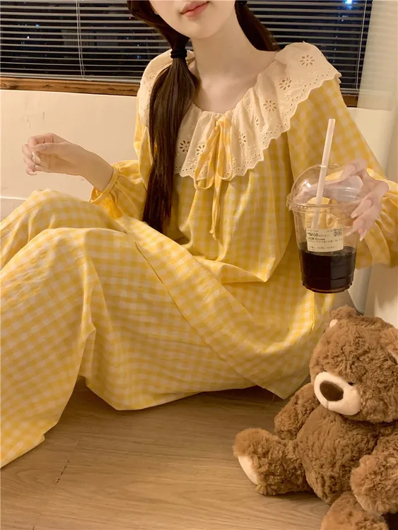 韩国ins甜美花边娃娃领格子睡衣女春秋季长袖长裤纯棉家居服套装