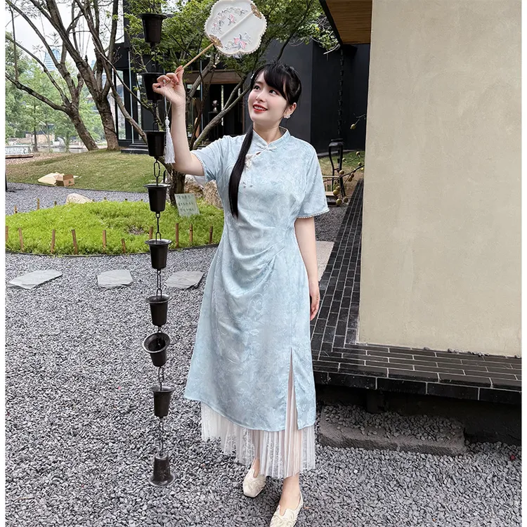 码加加51537冰川蓝改良旗袍前开叉女夏中式年轻款日常可穿素雅