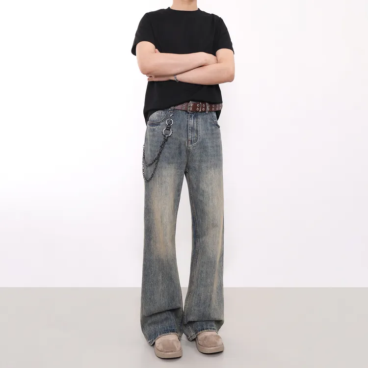 竹节做旧泥染休闲显瘦复古水洗后口袋破坏微喇叭牛仔裤男 CK1028