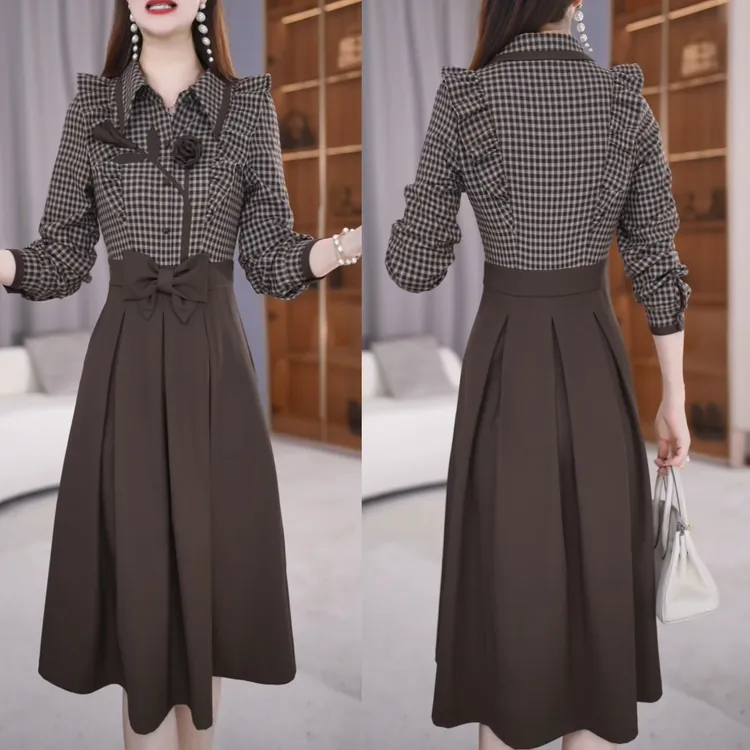 2026春季新款复古时尚修身中长款连衣裙洋气翻领显瘦通勤风裙子