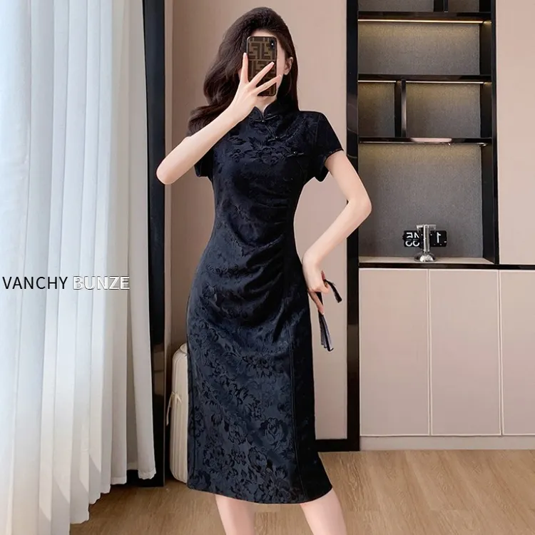BUNZE 新中式黑色旗袍高端大气连衣裙女2025夏季新款国风小黑裙