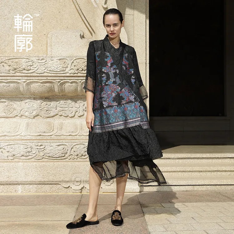 轮廓原创设计复古提花马甲宽松显瘦中长款荷叶边拼接马夹L221Y005