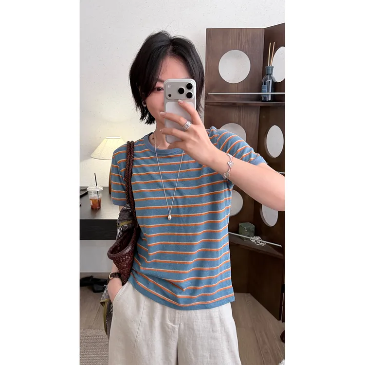 苏安家“塞纳河”汉麻莱赛尔夏季蓝橘条纹超显白凉感短袖T恤