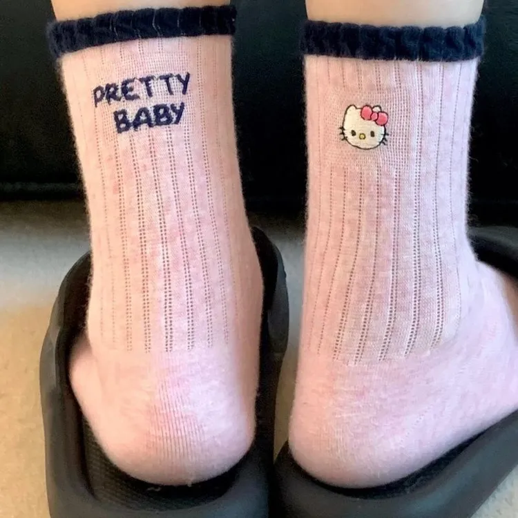 韩系~女孩秋季中筒袜学院风清甜风可爱卡通猫袜ins潮堆堆袜LW