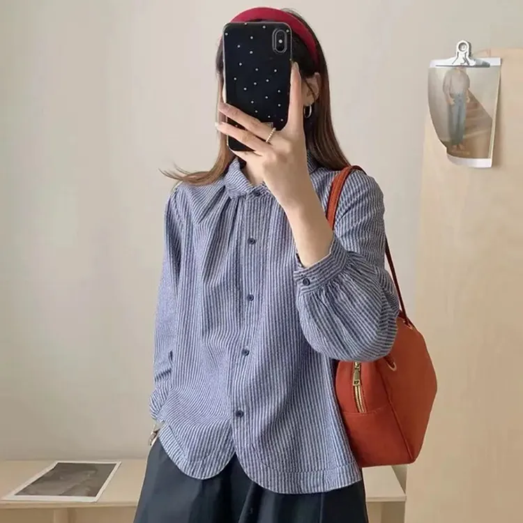 高级感美式复古拼接条纹长袖衬衫女2025年春秋新款休闲百搭上衣潮