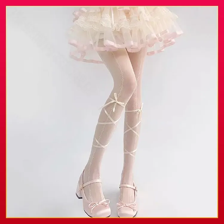 洛丽塔袜子甜美交叉绑带Lolita连裤袜女蝴蝶结印花白色丝袜jk丝袜