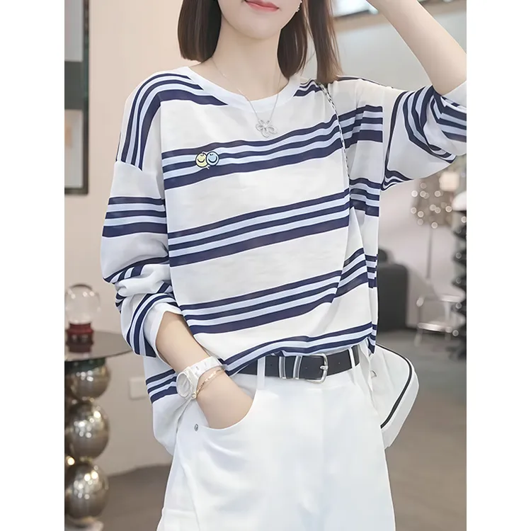 韩版宽松撞色条纹长袖防晒t恤女夏季空调罩衫2025新款针织衫上衣