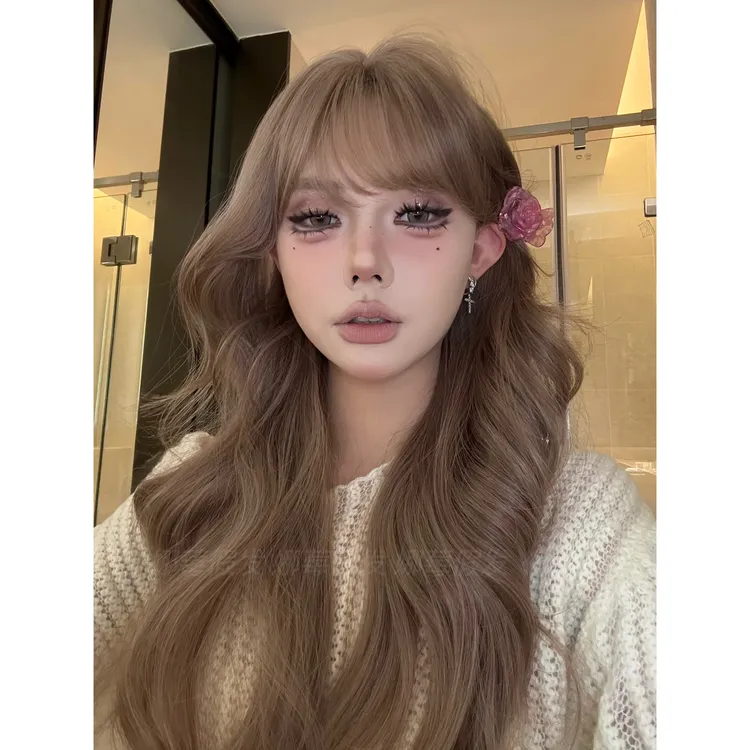 【辣妹提花】薄藤粉紫波浪卷齐刘海自然氛围感长卷发全头套A假发