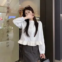 撞色木耳花边小清新长袖衬衫女秋季新款小众百搭上衣