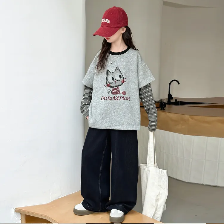女童卫衣秋季2025新款初中生女孩假两件上衣女大童秋装洋气打底衫