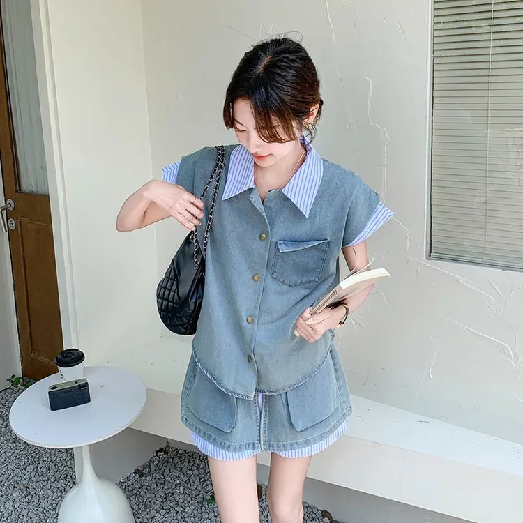 设计感独特小个子牛仔套装女2025夏季新款炸街裙裤两件套