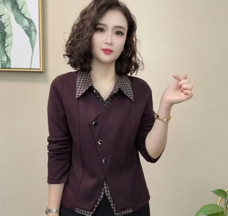 2025秋季新款休闲风气质时尚衬衫减龄假两件拼接长袖上衣#571540