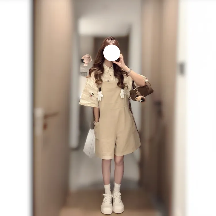 大码胖mm可爱甜美校园风别致小众连衣短裤清新背带短裤