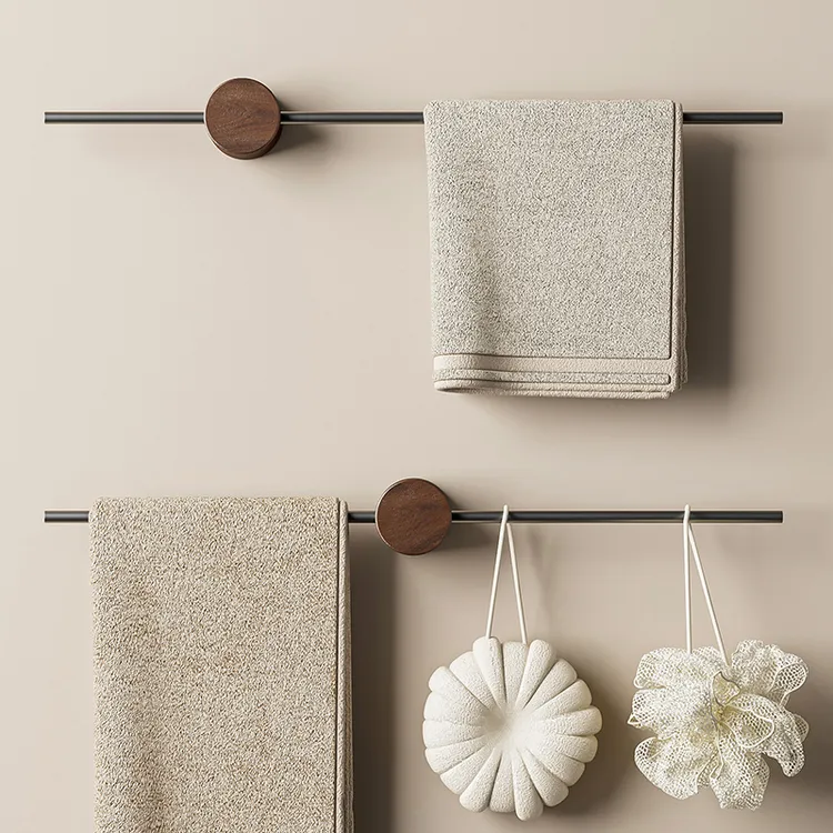 胡桃木毛巾架卫生间免打孔浴室一字极简毛巾挂杆单杆中古风挂架子