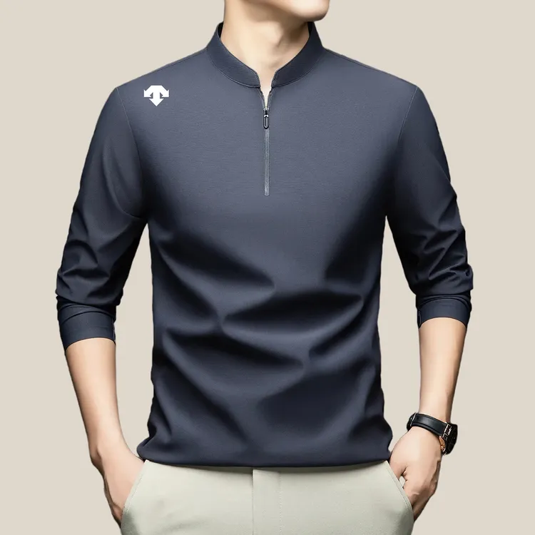 迪桑家拉链立领polo衫长袖运动T恤秋季纯色潮流男装纯色打底上衣