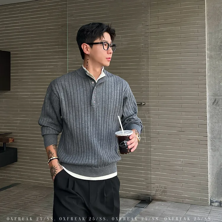 OXFREAK「坑条肌理 假两件」老钱亨利领毛衣男秋冬宽松慵懒针织衫