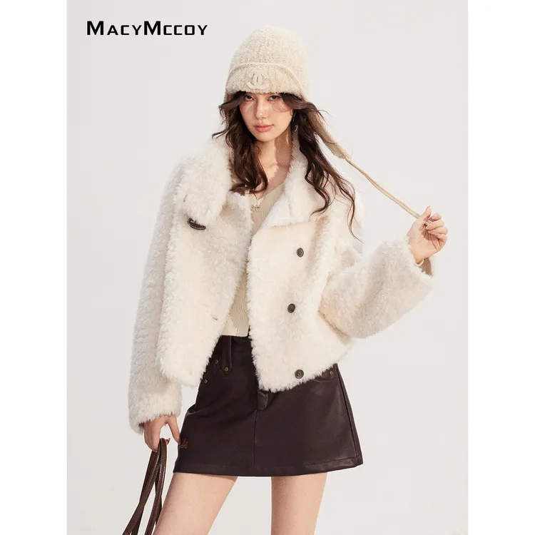 MacyMccoy羊羔毛立领短款外套女冬季bi备设计感保暖上衣 含羊毛