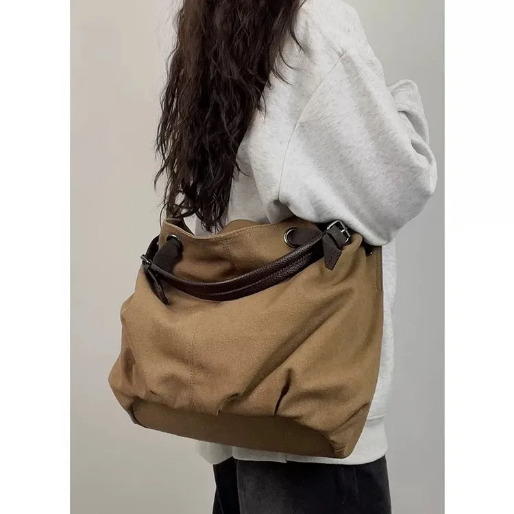 美式帆布包托特女包2025新款通勤手提单肩斜挎包大容量休闲复古包