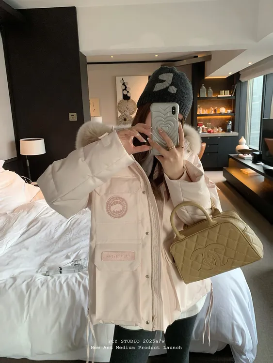 粉色派克工装羽绒棉服女短款2025冬季新款小个子毛领加厚外套棉衣