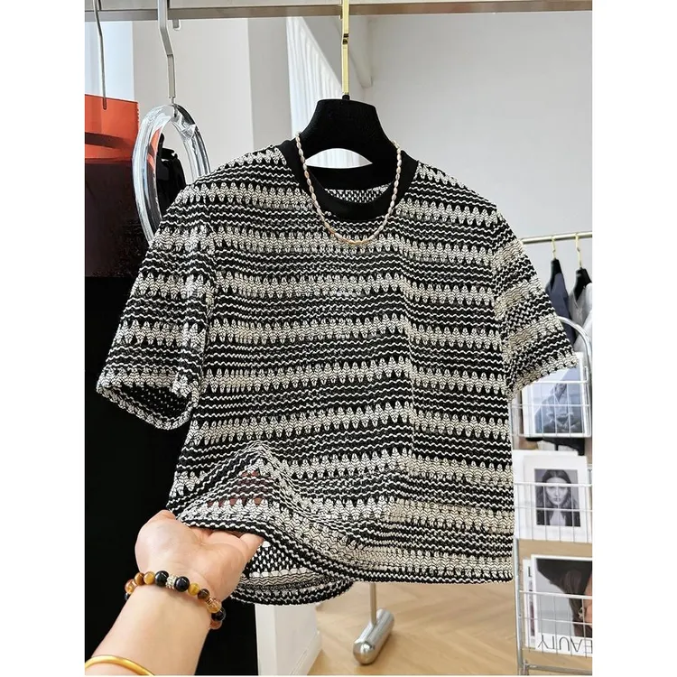 高级感超好看韩系镂空条纹短袖蕾丝衫女夏季薄款半袖短款T恤上衣