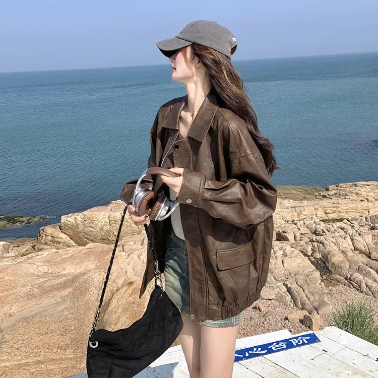 美拉德咖色PU皮衣外套女2025春秋新款高级感炸街复古休闲宽松夹克