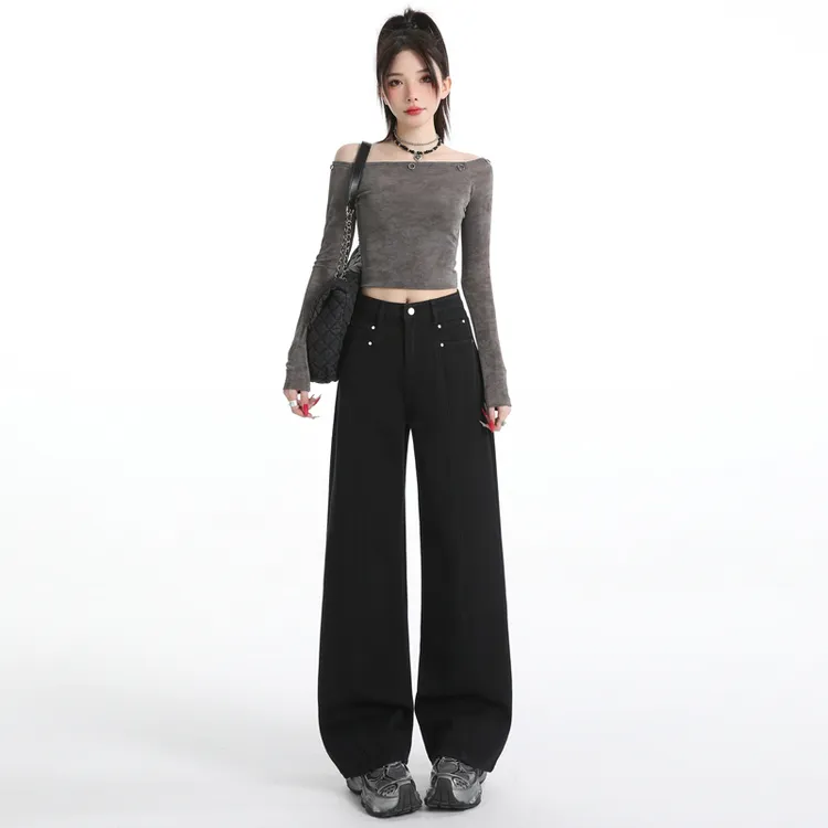 【100%棉】美拉德阔腿牛仔裤女秋冬季加绒高腰显瘦小个子直筒拖地裤