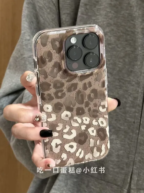 日韩涂鸦棕白豹纹适用苹果16Promax手机壳vivo华为oppo小米15防摔