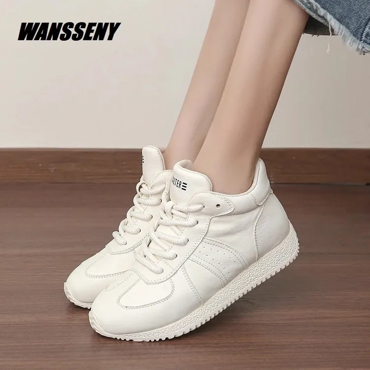WANSSENY2025年头层牛皮高帮阿甘鞋女秋冬加绒保暖老爹鞋休闲鞋女