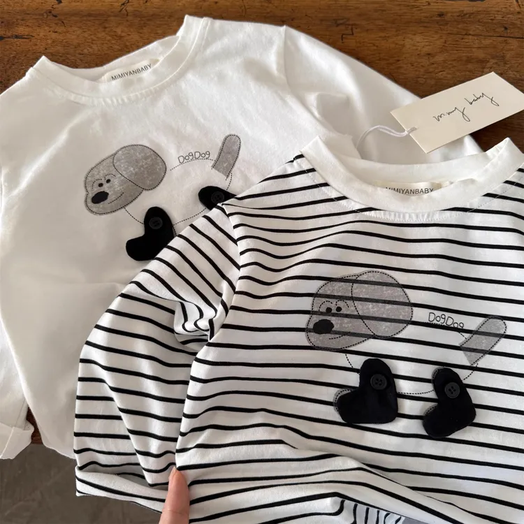 儿童长袖T恤2025春秋童装男童小狗内搭宝宝小童条纹T打底衫潮