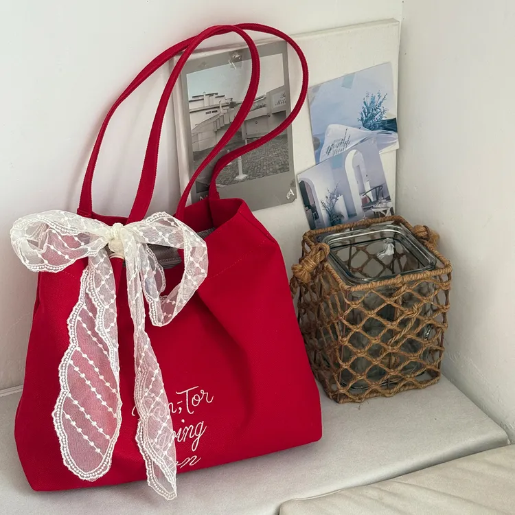 ins风纯色敞口小众单肩包红色托特包夏季字母时尚韩版单肩帆布包