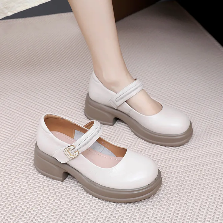 真皮厚底圆头玛丽珍鞋子粗跟女鞋2025新款春夏黑色浅口宽头小皮鞋