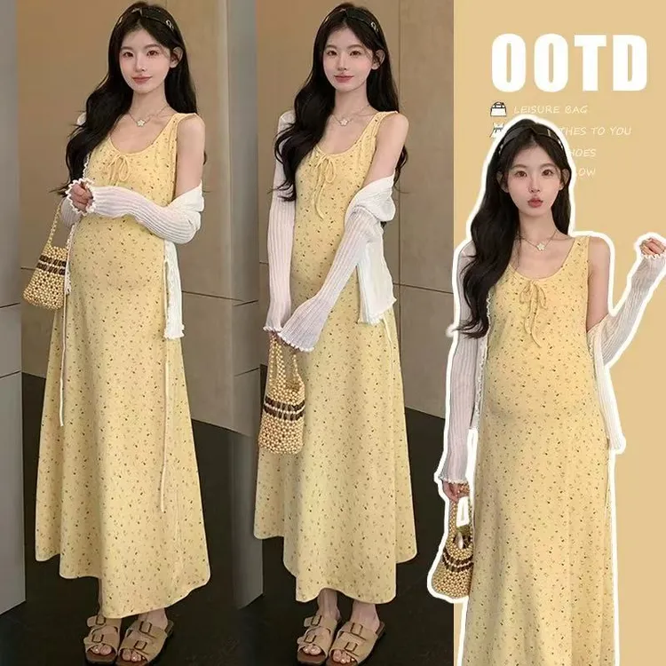 孕妇装夏季2025新款碎花连衣裙孕妈高级感穿搭时尚套装洋气时髦