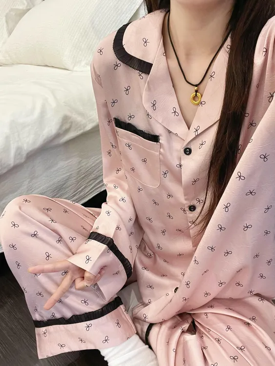 甜美少女玫瑰粉蝴蝶结冰丝睡衣女春秋2025新款长袖长裤家居服套装
