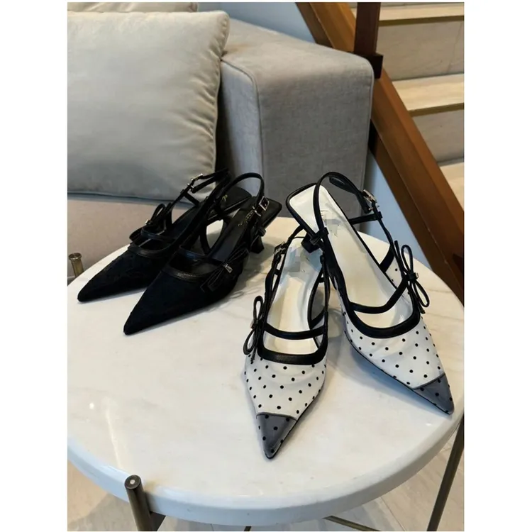 超嗲！日系甜美温柔气质网纱波点蝴蝶结尖头浅口细跟女单鞋凉鞋