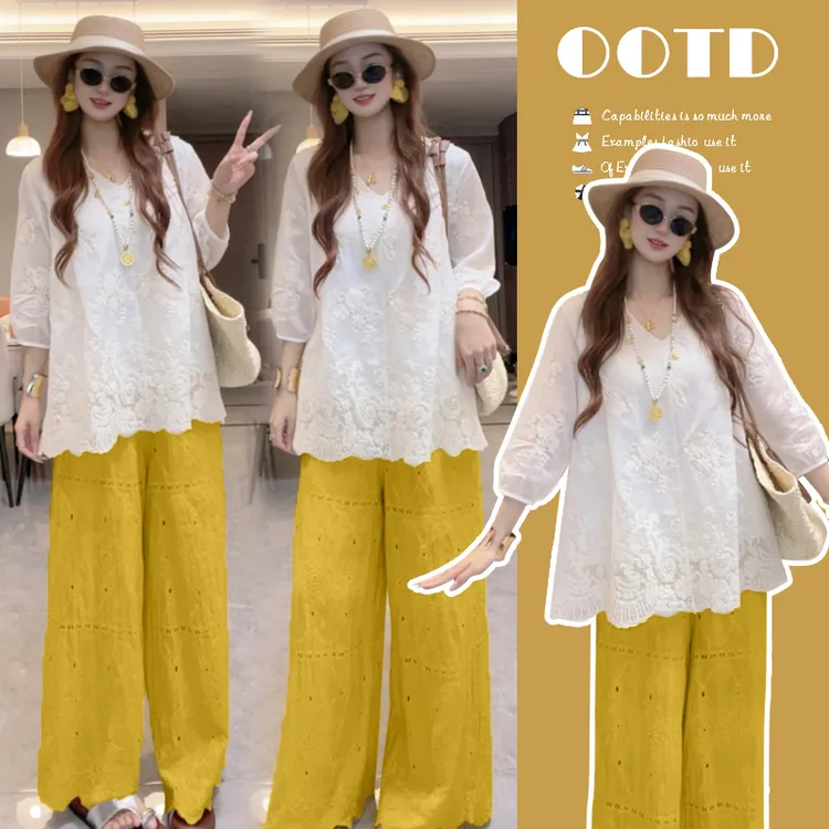 【Liner】夏日氧气感穿搭·水溶蕾丝上衣+黄色碎花阔腿裤|温柔系