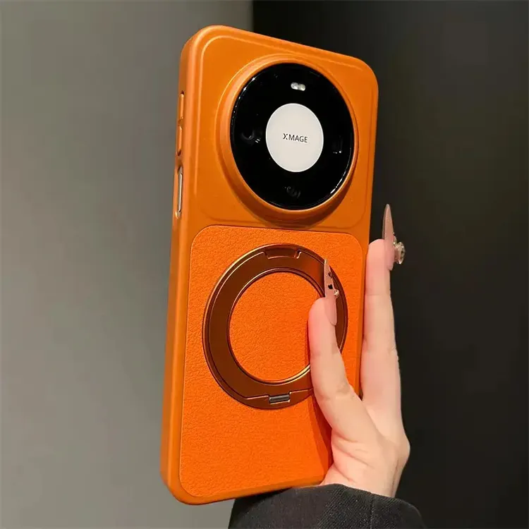 适用华为mate80手机壳高级感电镀素皮磁吸旋转支架mate70/pro男女