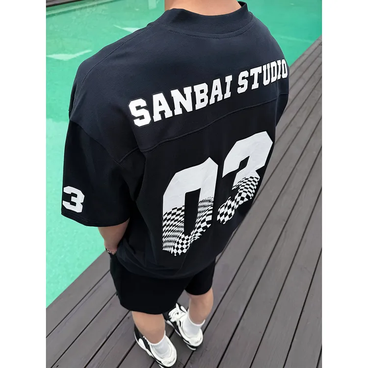 SANBAI 叁佰【03主场】280克夏季纯棉短袖男V领休闲球服字母T