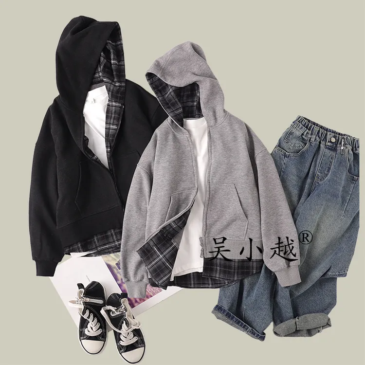 吴小越w1431男童秋装连帽拉链开衫拼格子卫衣长袖中大童儿童外套