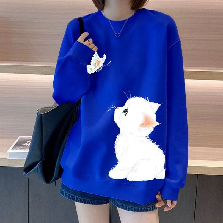 猫咪蝴蝶印花克莱因蓝圆领卫衣大码300斤男女宽松百搭春秋季上衣
