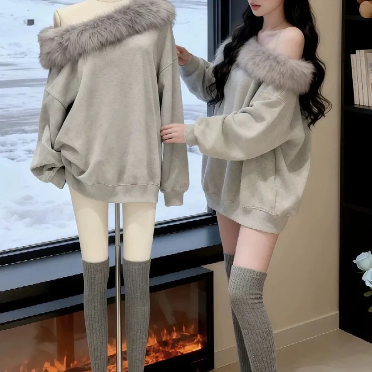 韩系美式慵懒风毛领卫衣女秋冬新款宽松休闲百搭加绒加厚上衣外套